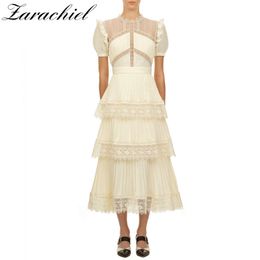 Runway Summer Beige Pleated Women Short Sleeve Lace Patchwork Cascading Ruffles Long Female Layer Cake Dress 210416