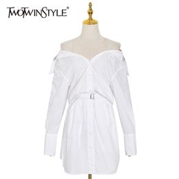 Sexy Patchwork Mesh Dress For Women Diamonds V Neck Long Sleeve High Waist With Sashes Minimalist Dresses Female 210520