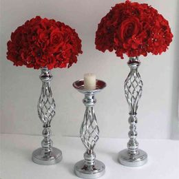 IMUWEN Gold/ Silver Flowers Vases Candle Holders Road Lead Table Centerpiece Metal Stand Candlestick For Wedding Party Decor 210722