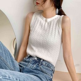 Korean Sweater Knitted Tank Top Female Pullover Regular Sleeveless Sweater Woman White O-Neck Basic Summer Solid Camis 210604