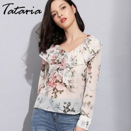 Chiffon Blouses for Women Office Ruffle Long Sleeve Vintage Blouse Elegant Floral Top V Neck Ladies Shirts Casual 210514