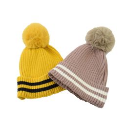 Berets 2021 Baby Stripe Ball Top Hat Warm Knitted Kids Girl Boy Autumn Winter Bonnet Ear Protection Children Beanie Cap Unisex