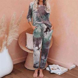 Autumn Tie Dye Pyjama Set Women Sleepwear Leopard Lounge Wear Female Short Sleeve Plus Size Nightwear Home Suits 210809