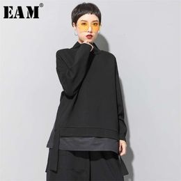 [EAM] Loose Fit Asymmetrical Oversized Sweatshirt High Collar Long Sleeve Women Big Size Fashion Spring Autumn 19A-a124 210928