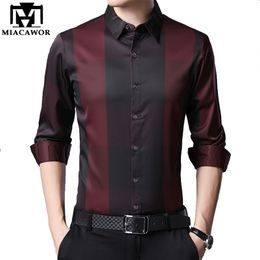 MIACAWOR Dress Shirt Men Spring Long Sleeve Plaid Shirts Silk Slim Fit Camisa Masculina Casual C576 210721