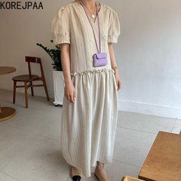 Korejpaa Women Dress Summer Korean Chic Niche V-Neck Cross Double-Breasted Wooden Ear Stitching Striped Puff Sleeve Vestido 210526