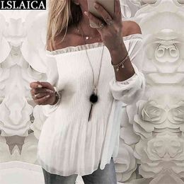 Womens tops and blouses white off the shoulder mesh casual folds long sleeve office chiffon women clothing 210515