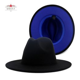 Black With Blue Bottom Patchwork Panama Wool Felt Jazz Fedora Hats Women Men Wide Brim Party Cowboy Trilby Gambler Hat