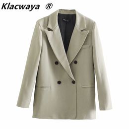 Women Fashion Office Wear Double Breasted Blazer Coat Vintage Long SLeeve Pockets Female Outerwear Chic Tops 210521
