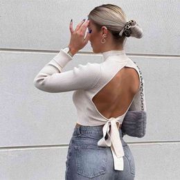 Women Backless Knit Sweater High Neck Long Sleeves Casual Fashion Chic Lady Woman Sweaters Pullovers Tops 210922
