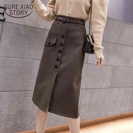 Autumn Split A-Line Vintage Midi Button Casual Long Skirts Womens Fashion Wool Winter Black Skirt Faldas Mujer12133 210415