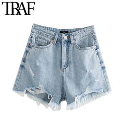 TRAF Women Chic Fashion Pockets Frayed Hem Ripped Denim Shorts Vintage High Waist Zipper Fly Female Short Jeans Mujer 210415