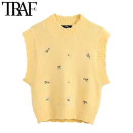 TRAF Women Sweet Fashion Floral Embroidery Knitted Vest Sweater Vintage High Neck Sleeveless Female Waistcoat Chic Tops 210415