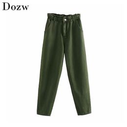 Vintage High Waist Women Harm Pants Casual Solid Ladies Paperbag Pants Fashion Female Loose Trousers Army Green Denim Bottoms 210414