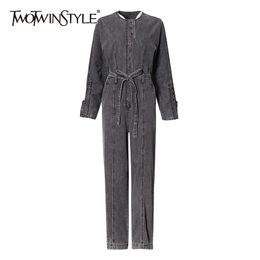 TWOTWINSTYLE Casual Denim Jumpsuit For Women O Neck Long Sleeve High Waist Lace Up Bowknot Wide Leg Pants Solid Jumpsuits Female 210517