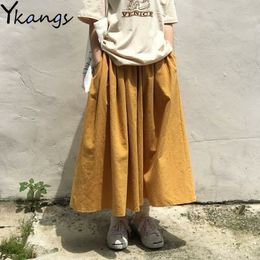 Summer Autumn Yellow Skirts Womens Midi Korean Elegant High Waist Long Skirt Female Purple Harajuku Pleated School Skirt 210412