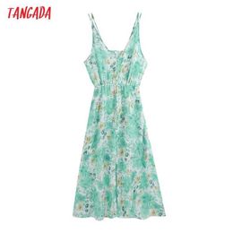 Tangada Summer Fashion Women Flowers Print Tank Dress Sleeveless Backless Female Casual Long Sundress BE103 210609