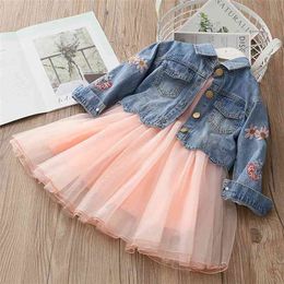 90cm 18M 24M 2 Years Spring Princess Kids Embroidery Denim Jacket +Long Sleeve Lace Dress 2 Pcs Baby Girls Clothing Set 210625