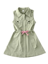 New Children Solid Colour Dress Lapel Zipper Dress with Pocket and Drawstring Girls Sleeveless Clothes Q0716