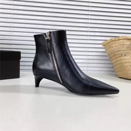 Black Kitten Heels Ankle Boots For Women Genuine Leather Pointed Toe Fashion Short Boot Female Designer Med Heel Shoes Woman