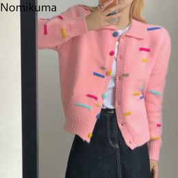 Nomikuma Sweet Pink Knitted Cardigan Autumn New Korean Long Sleeve Turn-down Collar Sweater Coat Causal Knitwear Tops 6C401 210427