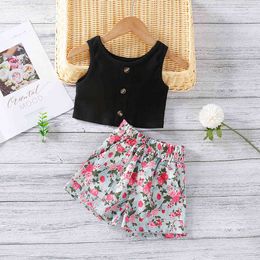 Summer Children's Clothing 2-piece Black Vest Top + High-waist Floral Shorts Girls Clothes Set 210515