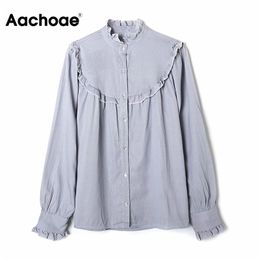 Aachoae Autumn Spring Blue Stripe Blouse Women Long Sleeve Ruffles Elegant Shirt Female 100% Cotton Ladies Tops Blusas Mujer 210413