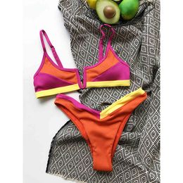 Splicing Bikini 2021 New V-neck Swimsuit Female Push Up Swimwear Ribbed Bikini Set Beach Bathing Suit Summer Bather BiquiniX0523