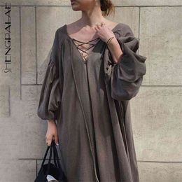 SHENGPLLAE Minimalist Dress Women's Spring V-neck Lace Up Large Size Long Puff Sleeve Simple Maxi Dresses Female 5B277 210427