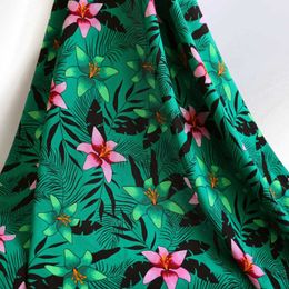 1 Metre X 1.45 Metre Green Plants Pink Floral Rayon Viscose Fabric Quality Children Clothing Material 210702