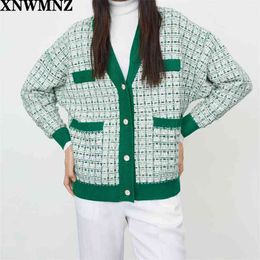 Women Fashion V-neck checked knit jacket Vintage Long Sleeve retro trendy cardigan Female Chic plaid outwear 210520