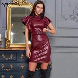 Free Wine Red Faux Leather Dress Women Turtleneck Ruffle Sleeve Belt Bodycon Celebrity Club Party 210524