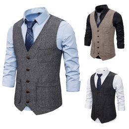 Herringbone Tweed Mens Waistcoat Formal Business Casual Slim Fit Vests for Wedding Party Men Gilet Suit Vest Hombre Retro Coat 210524