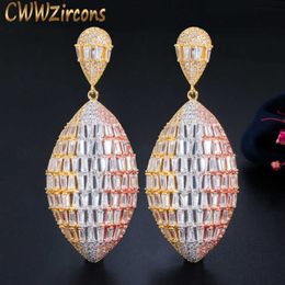 Luxury Exclusive Big Dangle Drop Baguette Leaf Cubic Zirconia 3 Tone African Gold Wedding Women Dress Earrings CZ671 210714