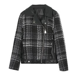 Women Black White Faux Leather Jacket Coat Outwear Notch Collar High Street Tweed Plaid Patchwork C0242 210514