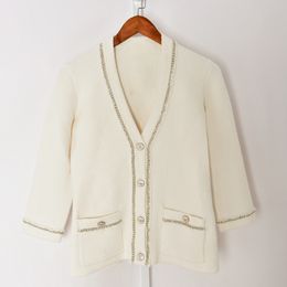 2021 Autumn Fall 3/4 Sleeve V Neckline Ivory Sweater French Style Solid Colour Knitted Double Pockets Contrast Trim Chains Single-Breasted Cardigan Sweaters G121008