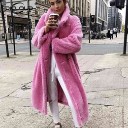 Pink Long Teddy Bear Jacket Coat Women Winter Thick Warm Oversized Chunky Outerwear Overcoat Women Faux Lambswool Fur Coats 210925