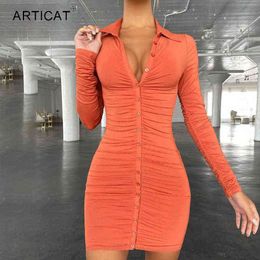 Articat New Autumn Casual Women's Dresses Vintage Bodycon Single-breasted Summer Dress Simply Ruched Y2K Women's Clothing 2021 Y1204