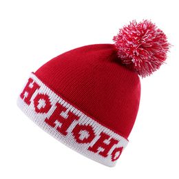 M395 Kids Children Chrismas Hat Winter Baby Red Knitted Hats Wool Ball Beanies Letters Child Warm Caps