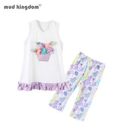 Mudkingdom Toddler Girls Outfits Summer Sleeveless 3D Flowers Cute Printed Ribbons Baby Clothing Set 210615