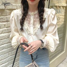 Vintage Embroidery Floral Chiffon Shirt Blouses Women Casual Loose Blouse Femme Long Sleeve Solid Tops Female 12958 210508