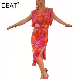 summer and spring round neck short sleeves printed hollow out high waist asymmetrical pullover dress vestido WO 210421