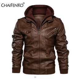 CHAIFENKO Winter Brand Warm Men Leather Jacket Motorcycle Stand Collar With Cap Leather Coats Men Fashion Casual PU Men Jacket 211111