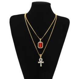 Mens Fashion Hip Hop Jewelry Gold Chain Rhinestone Red Ruby Cross Pendant Necklace Set