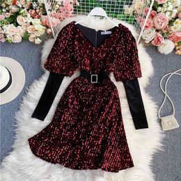 Autumn Fashion Temperament Sparkling Sequined A-line Skirt Dress Lantern Sleeve Sexy V-neck Waist Slim Short UK753 210507