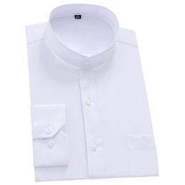 Mandarin Bussiness Formal Shirts for Men Chinease Stand Collar Solid Plain White Dress Shirt Regular Fit Long Sleeve Male Tops 220309