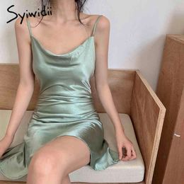 Syiwidii Spaghetti Strap Dress For Women Satin Summer Black Green Sexy Party Bandage Dresses Sleeveless A-Line Acetate Mini 210417