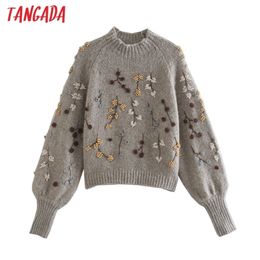 Tangada Women Beading Flowers Turtleneck Sweater Jumper Female Elegant Oversize Pullovers Chic Tops 3L68 210806