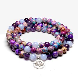 Natural Stone 108 Mala Bead Bracelet Women Om Bracelets Meditation Healing Buddhist Yoga Lotus Charm 8MM