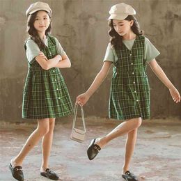 Summer Children Sets Casual Short Sleeve Solid T-shirt Green Plaid Dresses 2Pcs Girls Clothes 3-12T 210629